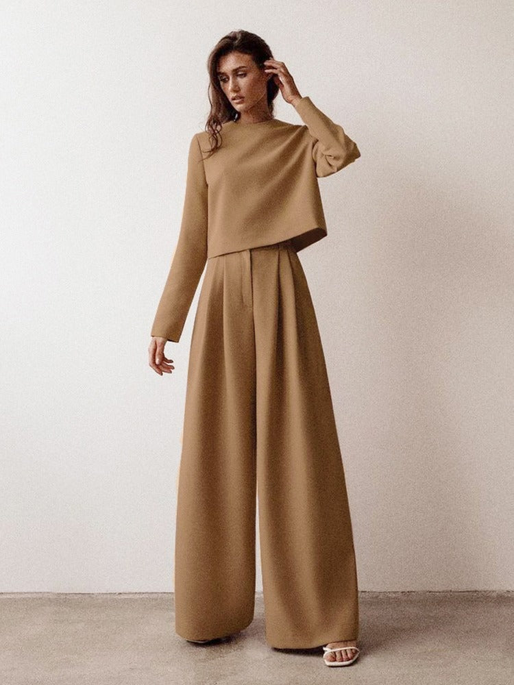 Women's Two-Piece Palazzo Suit - Elegant Blazer & Wide-Leg Pants - Brown