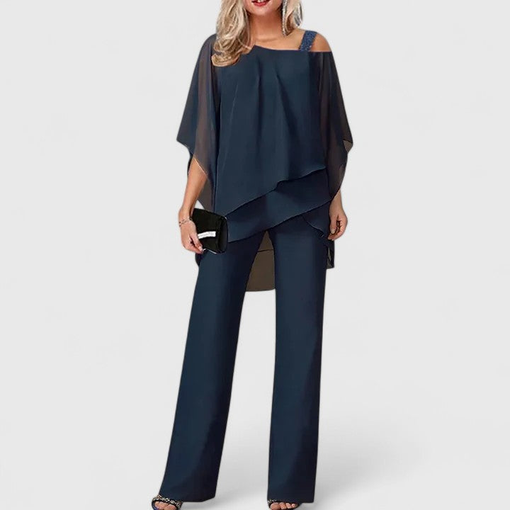 Women's Two-Piece Pant Set - Elegant Tailored Style | Autumn - Dark Blue