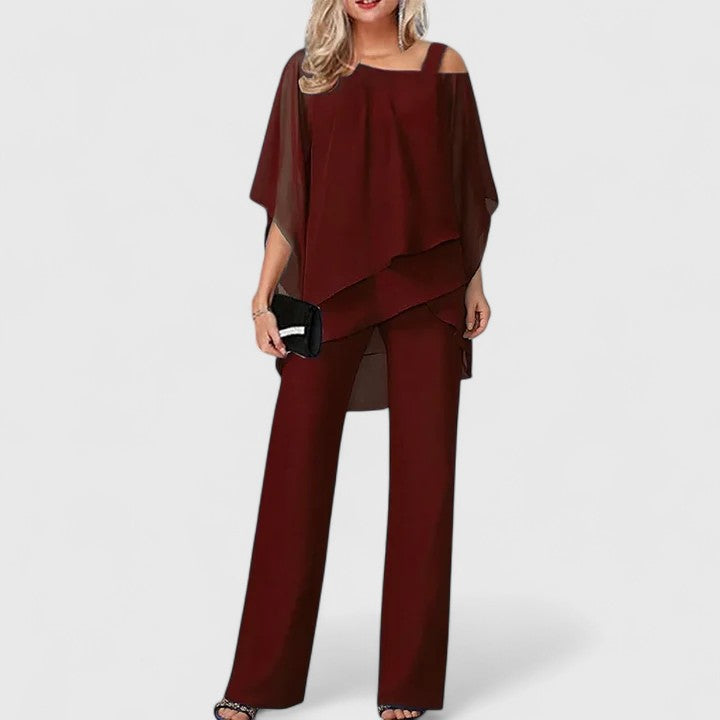 Women's Two-Piece Pant Set - Elegant Tailored Style | Autumn - Wine Red