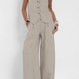 Women's Two-Piece Set | Button Top | Wide Leg | Summer - Beige