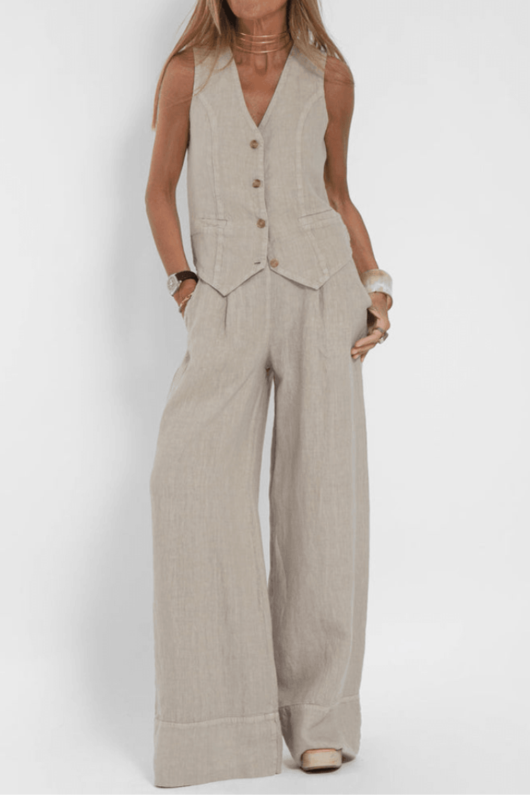Women's Two-Piece Set | Button Top | Wide Leg | Summer - Beige