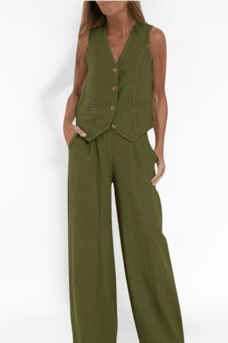 Women's Two-Piece Set | Button Top | Wide Leg | Summer - Green