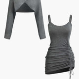 Women's Two-Piece Set | Cutout Sweater & Mini Dress | Layered | Autumn - Charcoal