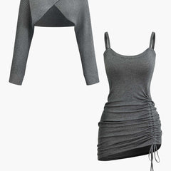 Women's Two-Piece Set | Cutout Sweater & Mini Dress | Layered | Autumn - Charcoal