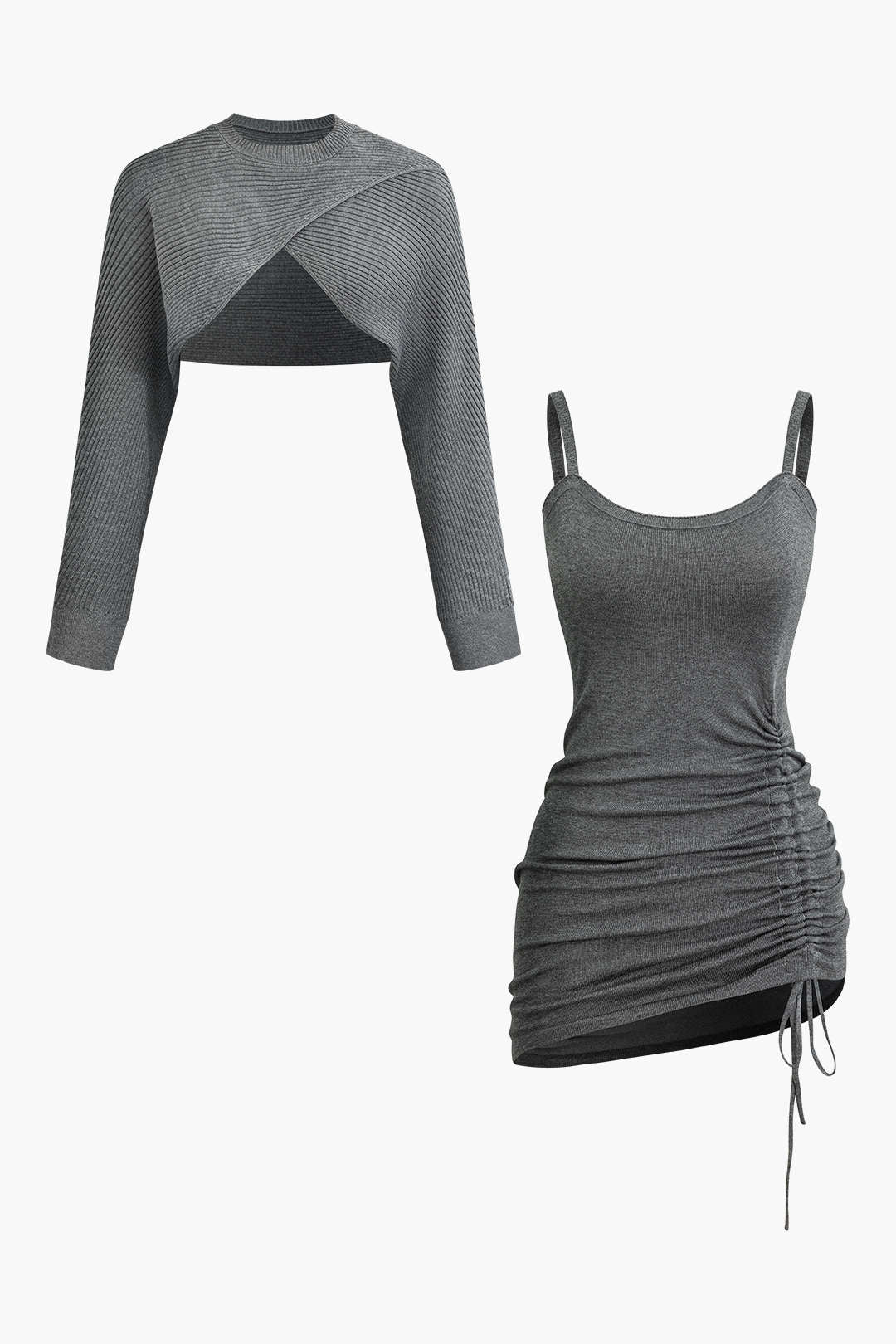 Women's Two-Piece Set | Cutout Sweater & Mini Dress | Layered | Autumn - Charcoal
