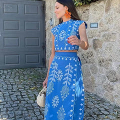 Women's Two-Piece Set | Embroidered Crop Top & Wrap Skirt | Summer - Blue