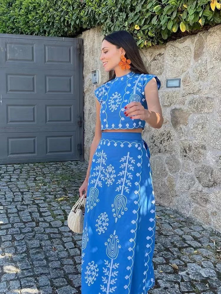 Women's Two-Piece Set | Embroidered Crop Top & Wrap Skirt | Summer - Blue