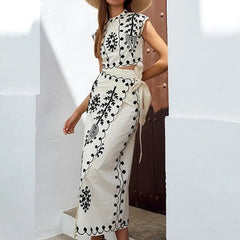 Women's Two-Piece Set | Embroidered Crop Top & Wrap Skirt | Summer - White