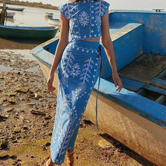 Women's Two-Piece Set | Embroidered Crop Top & Wrap Skirt | Summer