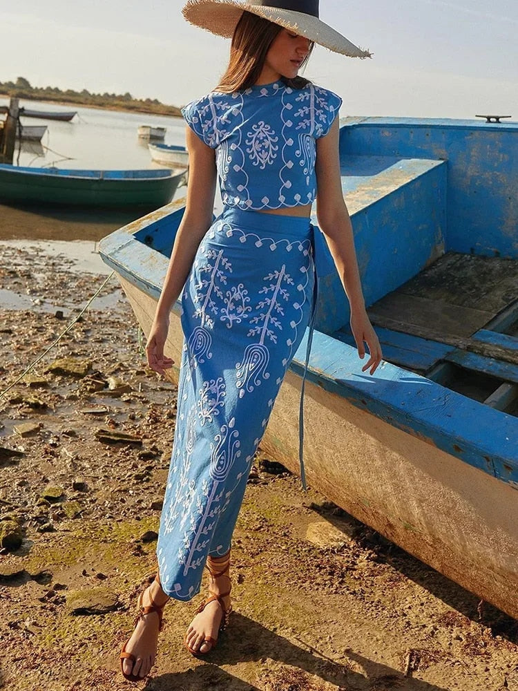 Women's Two-Piece Set | Embroidered Crop Top & Wrap Skirt | Summer