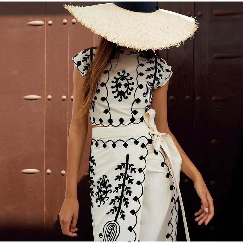 Women's Two-Piece Set | Embroidered Crop Top & Wrap Skirt | Summer