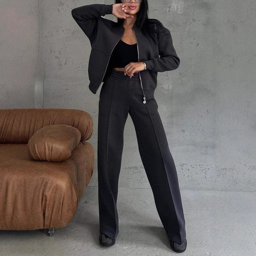 Women's Two-Piece Set with Zip Jacket and Trousers - Modern Elegance - Black
