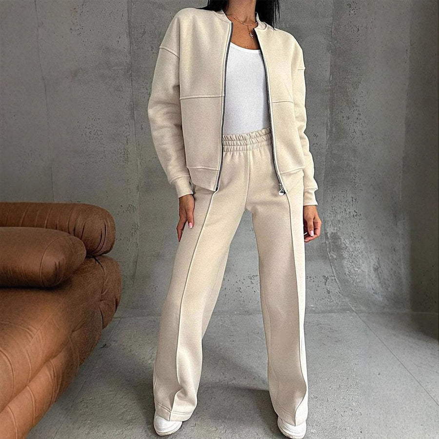 Women's Two-Piece Set with Zip Jacket and Trousers - Modern Elegance - Champagne