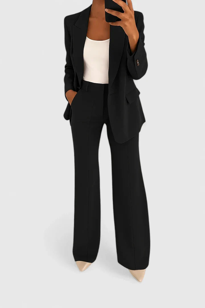 Women's Two-Piece Suit Set - Tailored Blazer & Trousers | Autumn - Black