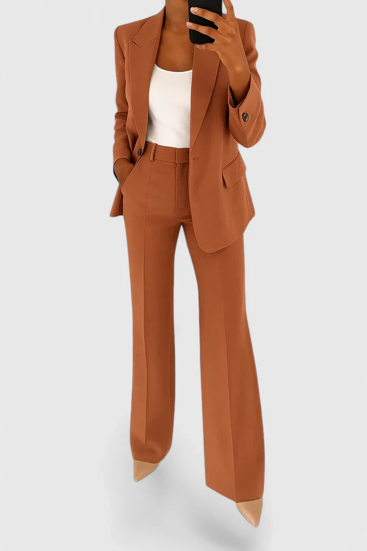 Women's Two-Piece Suit Set - Tailored Blazer & Trousers | Autumn - Brown