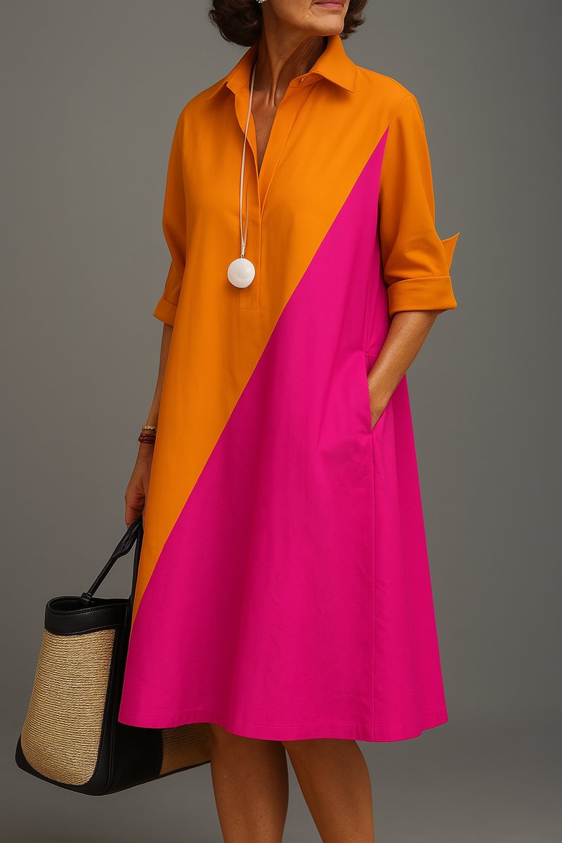 Women's Two-Tone Colorblock A-Line Midi Cocktail Dress | Spring - Orange Pink