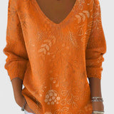 Women's V-Neck Autumn Top - Relaxed Fit - Orange