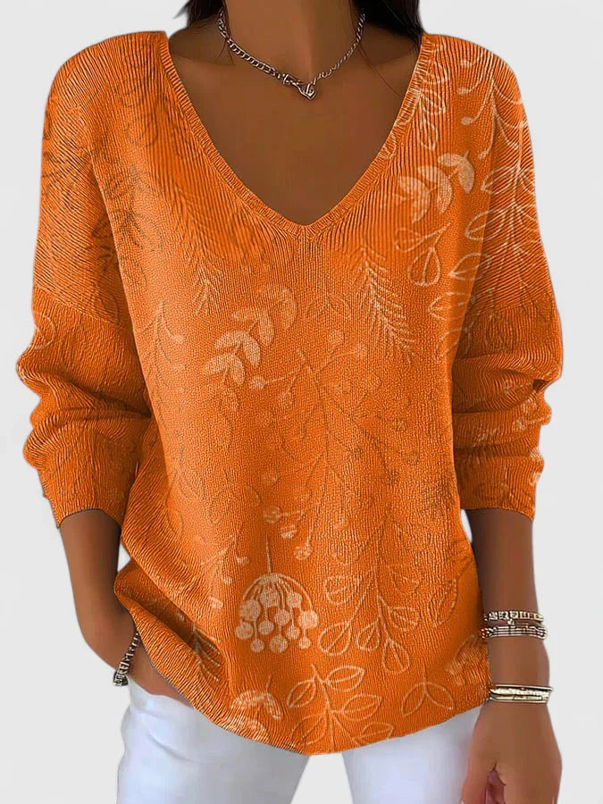 Women's V-Neck Autumn Top - Relaxed Fit - Orange