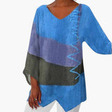 Women's V-Neck Blouse | Asymmetric Hem | Textured | Summer - Blue