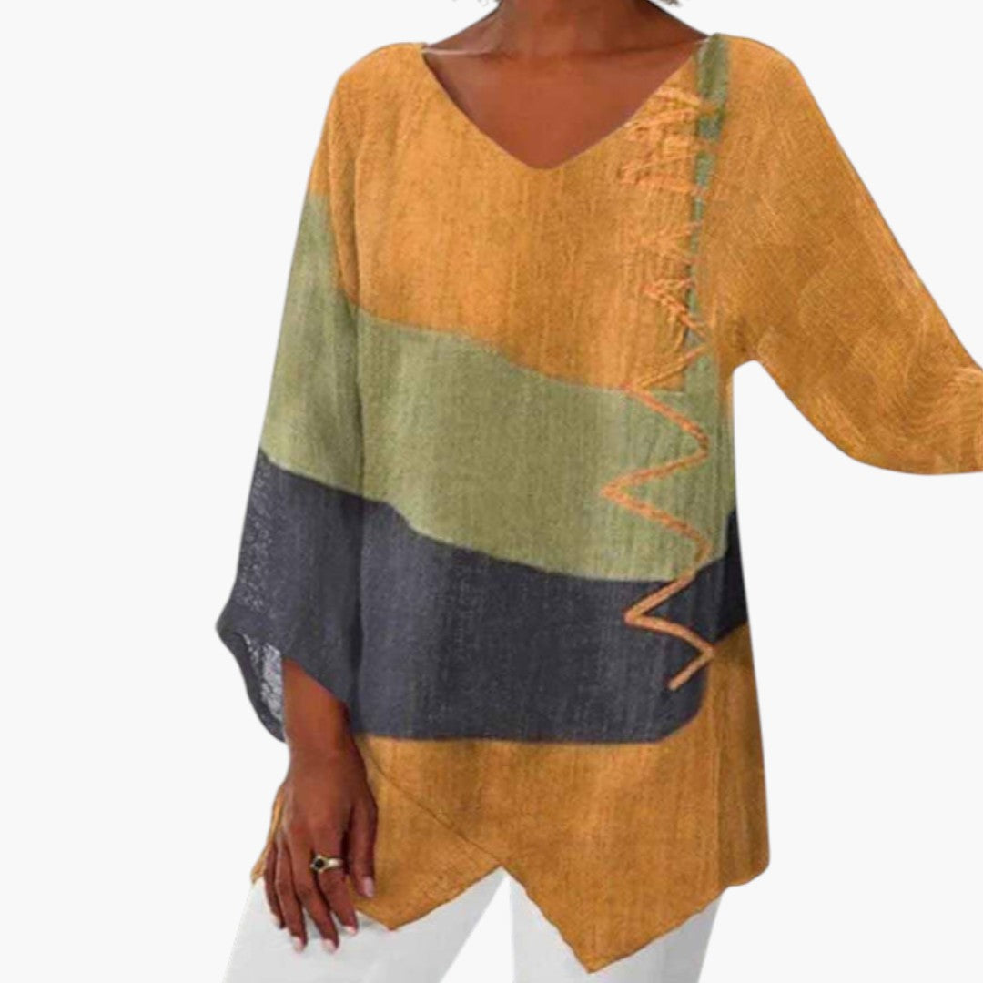 Women's V-Neck Blouse | Asymmetric Hem | Textured | Summer - Yellow
