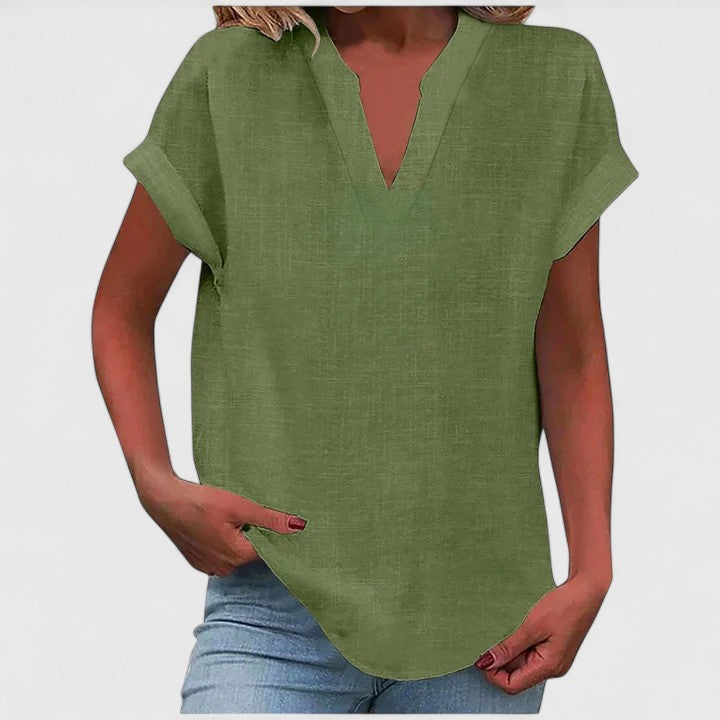 Women's V-Neck Blouse - Relaxed Fit Short Sleeve | Spring - Army Green