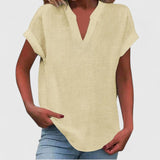 Women's V-Neck Blouse - Relaxed Fit Short Sleeve | Spring - Beige