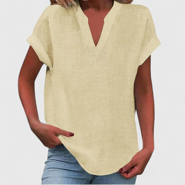 Women's V-Neck Blouse - Relaxed Fit Short Sleeve | Spring - Beige