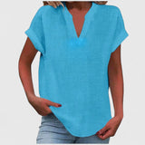Women's V-Neck Blouse - Relaxed Fit Short Sleeve | Spring - Blue