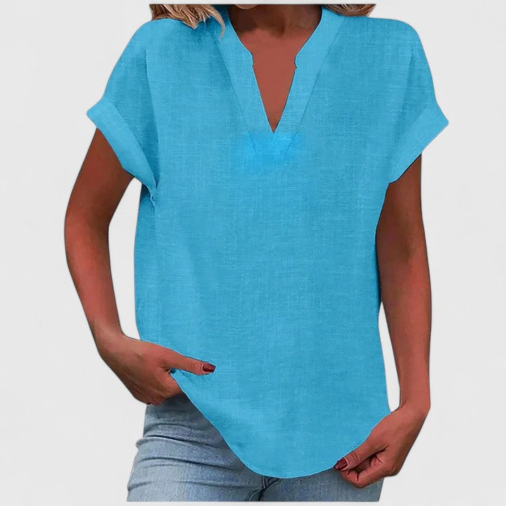 Women's V-Neck Blouse - Relaxed Fit Short Sleeve | Spring - Blue
