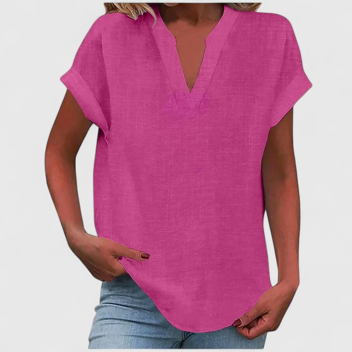 Women's V-Neck Blouse - Relaxed Fit Short Sleeve | Spring - Bright Pink