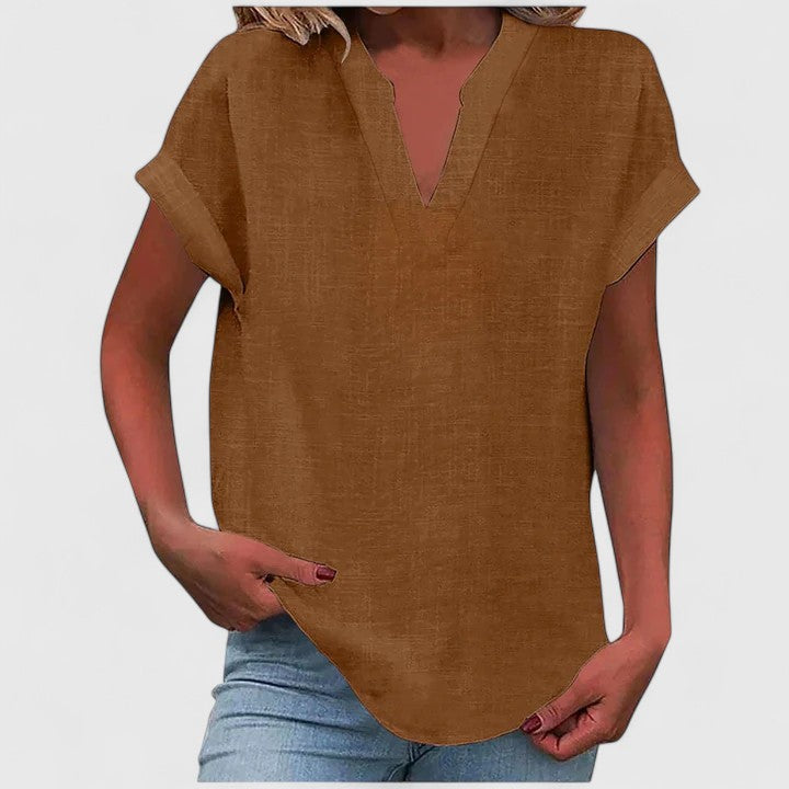 Women's V-Neck Blouse - Relaxed Fit Short Sleeve | Spring - Brown