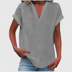 Women's V-Neck Blouse - Relaxed Fit Short Sleeve | Spring - Light Gray