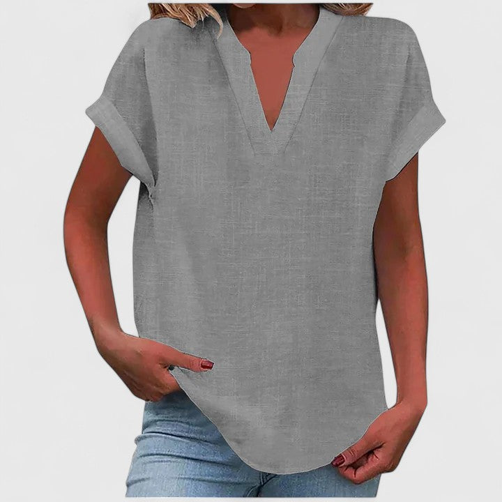 Women's V-Neck Blouse - Relaxed Fit Short Sleeve | Spring - Light Gray