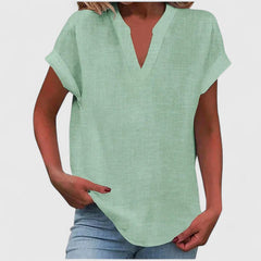 Women's V-Neck Blouse - Relaxed Fit Short Sleeve | Spring - Light Green