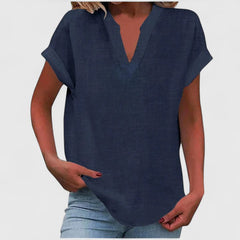 Women's V-Neck Blouse - Relaxed Fit Short Sleeve | Spring - Navy