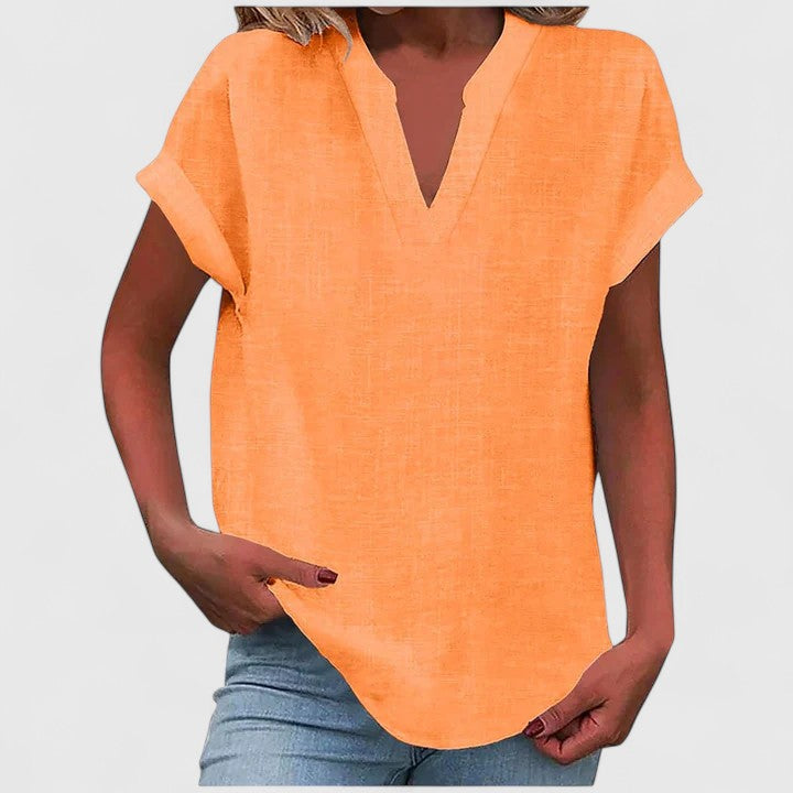 Women's V-Neck Blouse - Relaxed Fit Short Sleeve | Spring - Orange