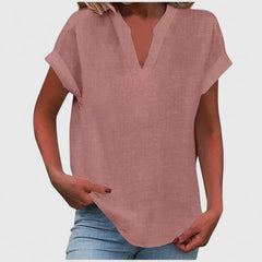 Women's V-Neck Blouse - Relaxed Fit Short Sleeve | Spring - Pink