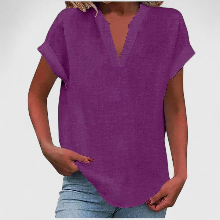 Women's V-Neck Blouse - Relaxed Fit Short Sleeve | Spring - Purple