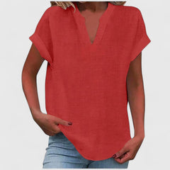 Women's V-Neck Blouse - Relaxed Fit Short Sleeve | Spring - Red