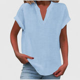 Women's V-Neck Blouse - Relaxed Fit Short Sleeve | Spring - Sky Blue