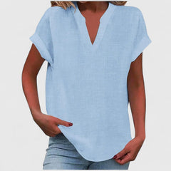Women's V-Neck Blouse - Relaxed Fit Short Sleeve | Spring - Sky Blue