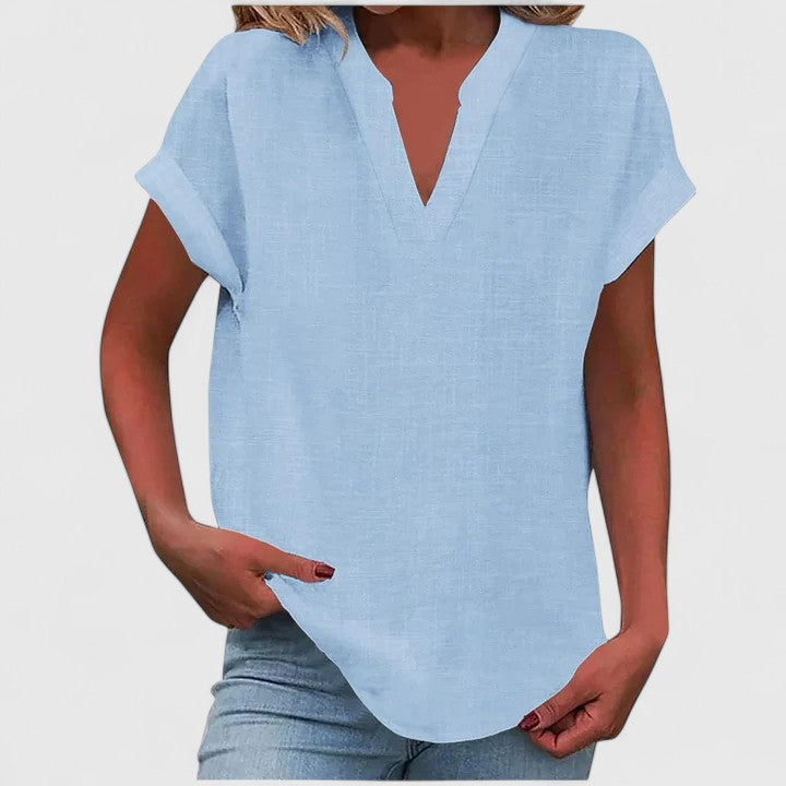 Women's V-Neck Blouse - Relaxed Fit Short Sleeve | Spring - Sky Blue