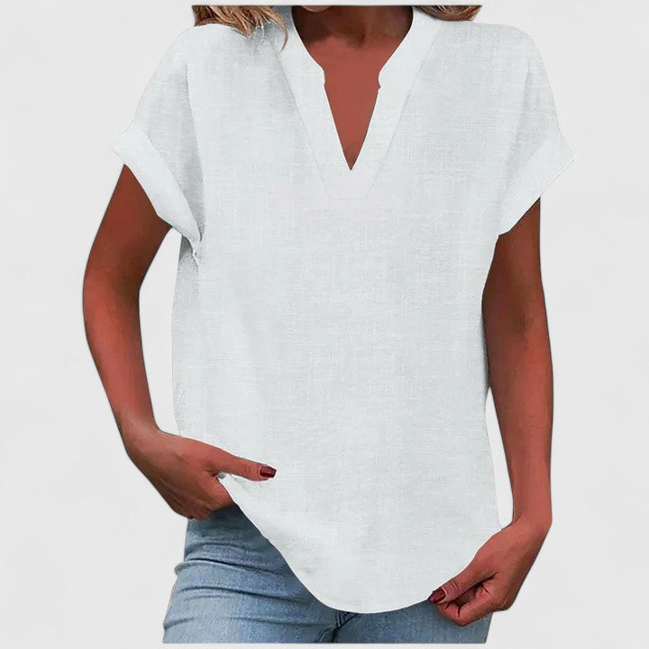 Women's V-Neck Blouse - Relaxed Fit Short Sleeve | Spring - White