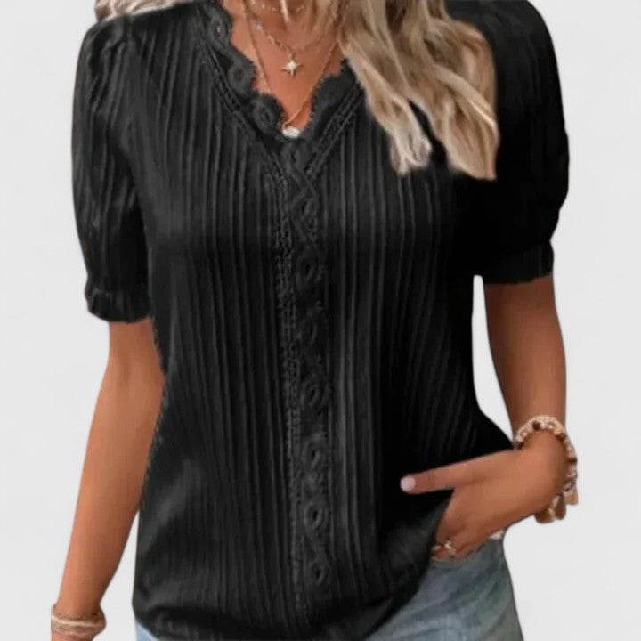 Women's V-Neck Blouse with Hollow Sleeves - Relaxed Summer Style - Black