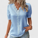 Women's V-Neck Blouse with Hollow Sleeves - Relaxed Summer Style - Blue