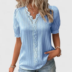 Women's V-Neck Blouse with Hollow Sleeves - Relaxed Summer Style - Blue