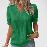 Women's V-Neck Blouse with Hollow Sleeves - Relaxed Summer Style - Green