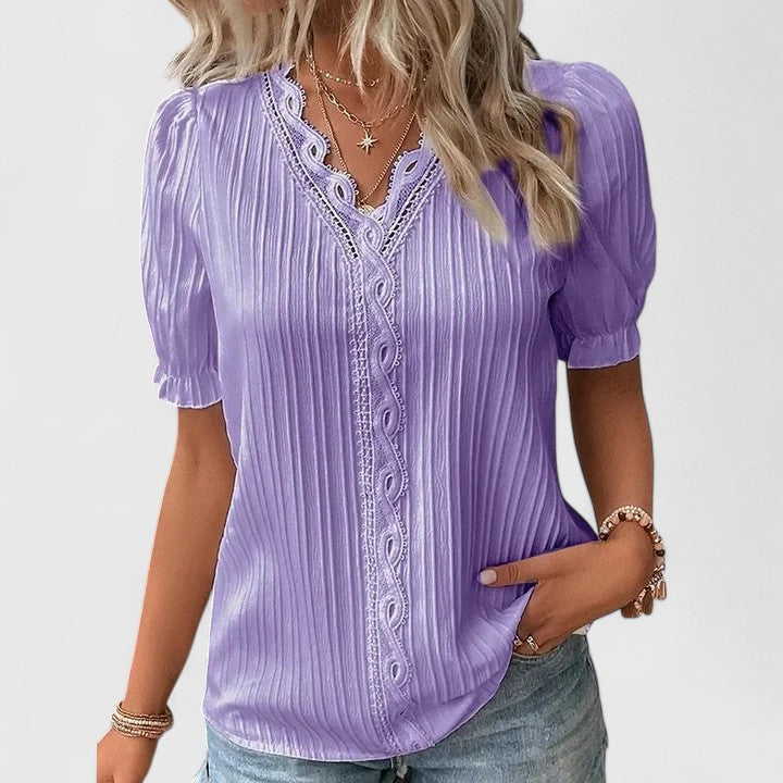 Women's V-Neck Blouse with Hollow Sleeves - Relaxed Summer Style - Purple