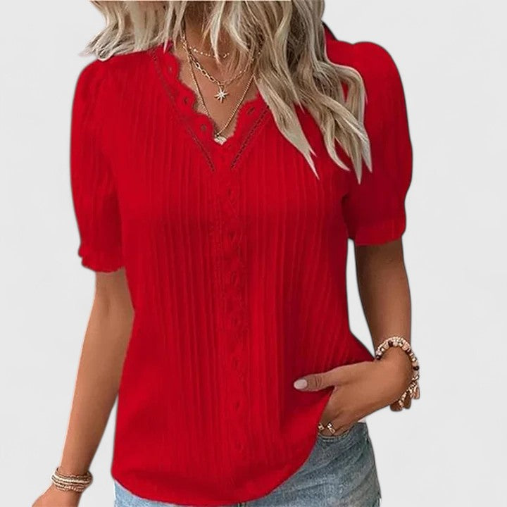 Women's V-Neck Blouse with Hollow Sleeves - Relaxed Summer Style - Red