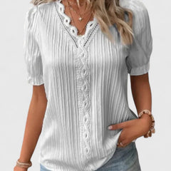 Women's V-Neck Blouse with Hollow Sleeves - Relaxed Summer Style - White
